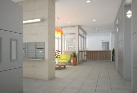 A rendering of part of the lobby of the new development in Norwood.